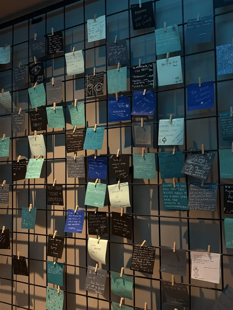 a whole wall of notes, pegged up to dry